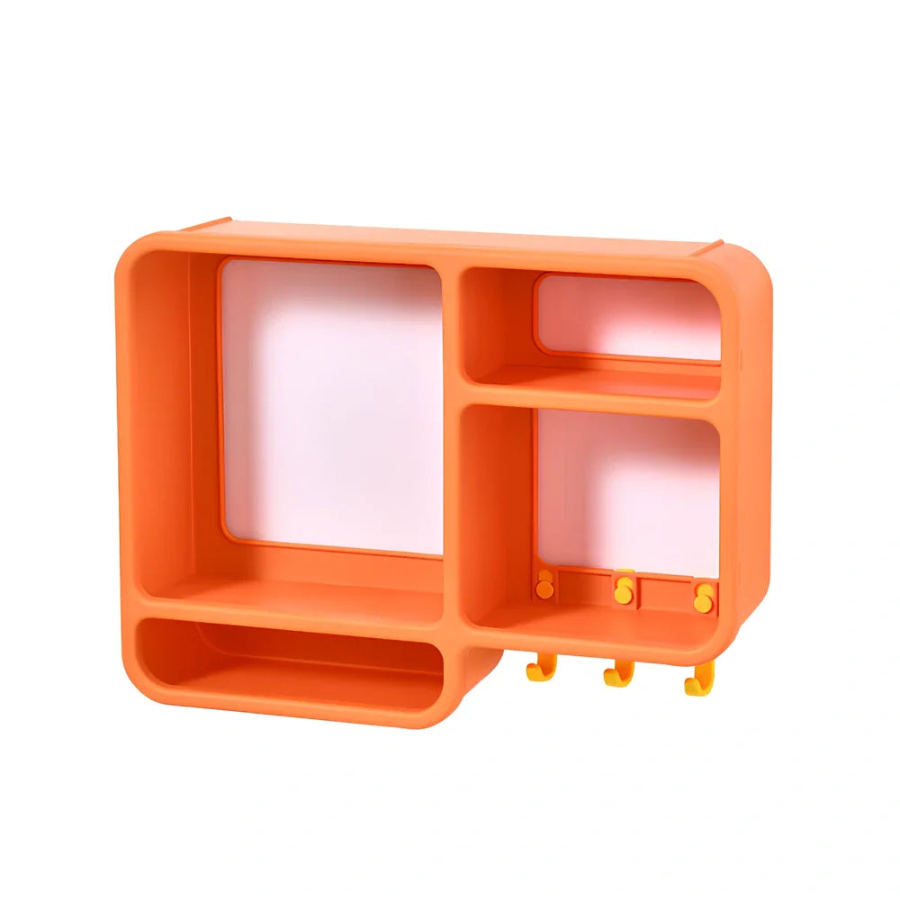 White wall-mounted cosmetics storage shelf measuring 36.2x27.2cm with dust-proof design