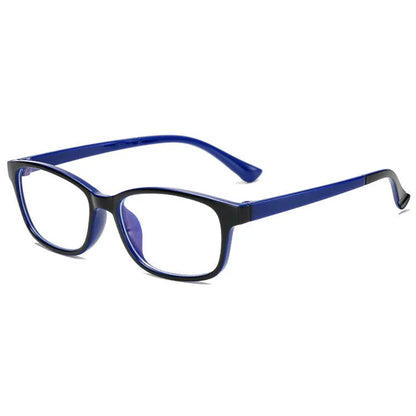 Anti-radiation glasses with PC full frame, flat mirror lenses, unisex anti-blue light design, available in blue, grey, and red.