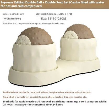 Massage ball with double-ball design in caramel mocha colour for cold and hot compress therapy