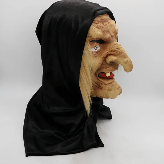 Black latex Halloween witch mask with full facial coverage and realistic texture details for adult costume parties