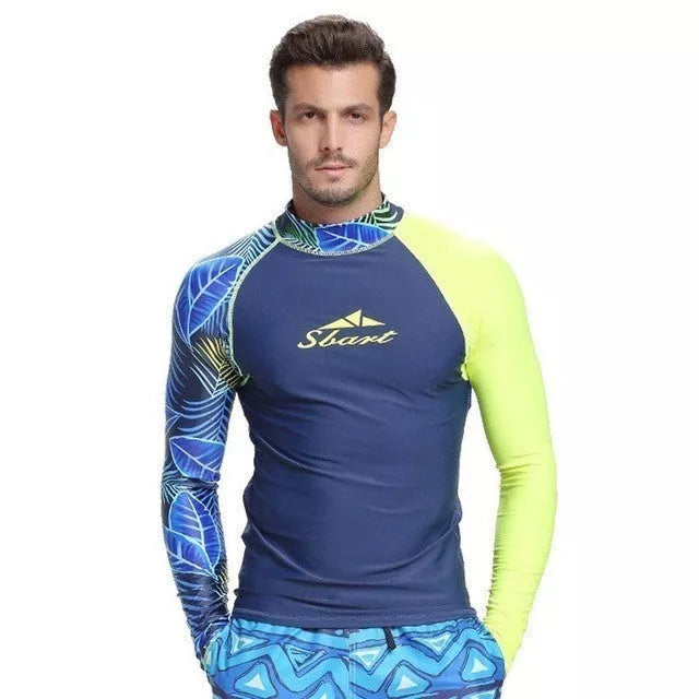 Men's long-sleeved sunscreen swimsuit in blue and green for UV protection