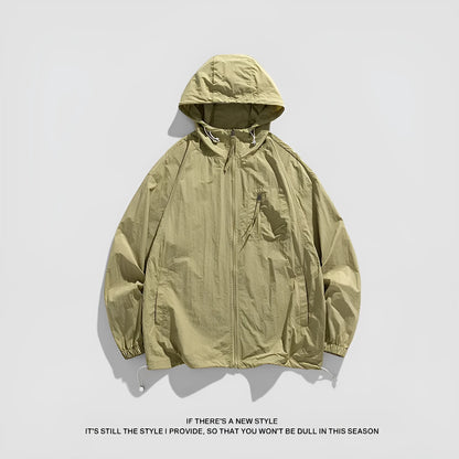 Lightweight spandex sun protection jacket for men and women with a hood, shown in caramel colour