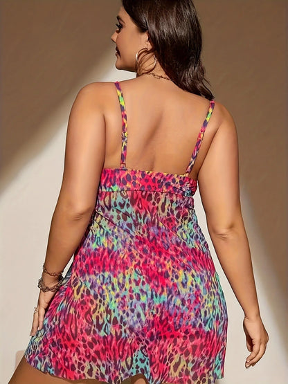 Plus size woman in a red skirt bikini set, featuring a sleeveless top and high-waisted shorts with a split skirt overlay.