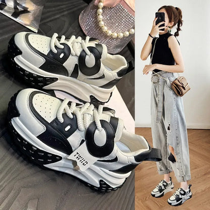 Thick-soled leather sports casual shoes with wedge heel in silver, carmine, black coffee, and black and white colours, front lace-up design