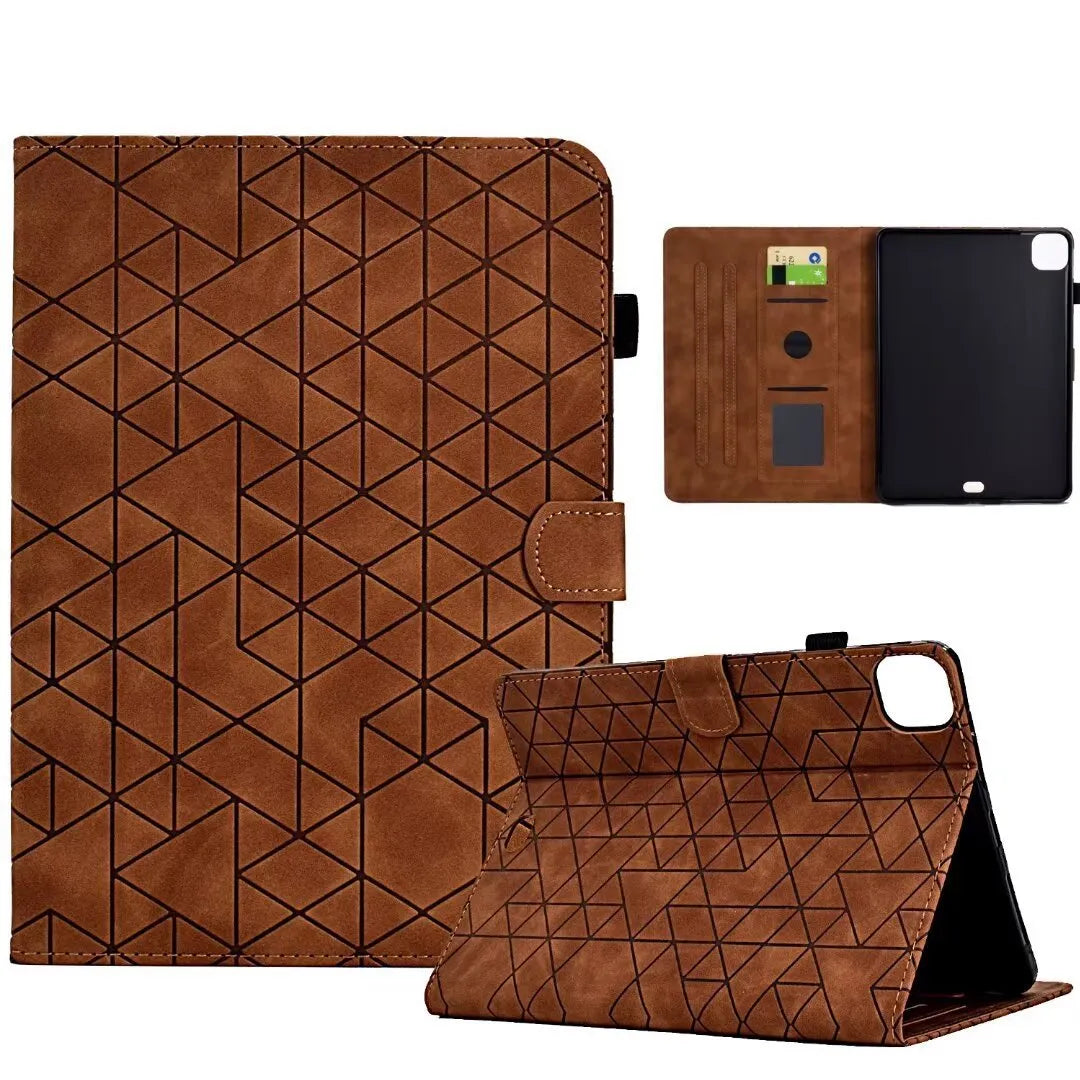 Diamond frosted leather iPad Pro 11 case with built-in card holder slots shown open.