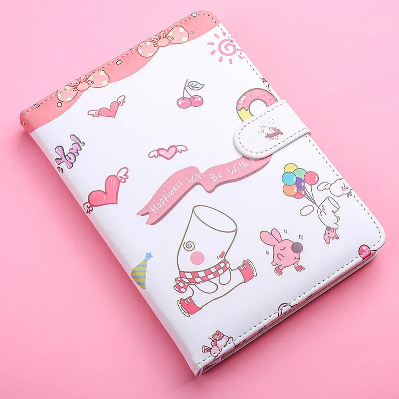 Small white Kaba Bear Hippo notebook with magnetic buckle, girl heart design, showing 224 pages and PU cover.
