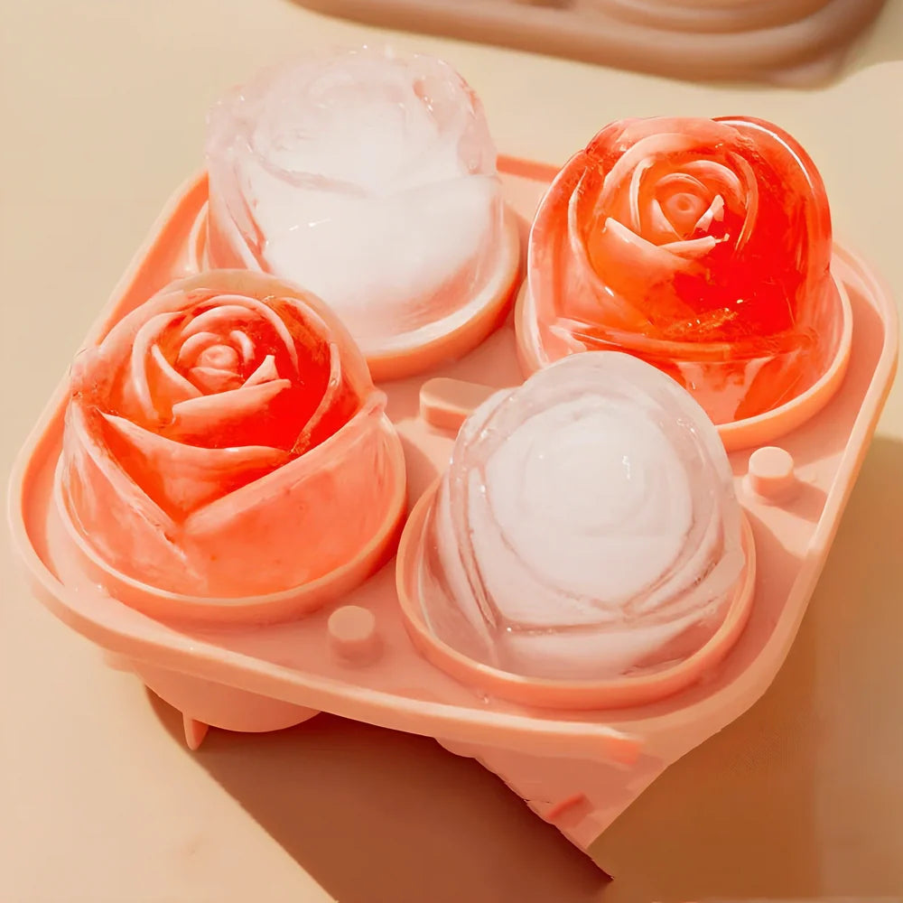 Orange silicone ice mould with 2.5-inch rose shapes and built-in filling funnel