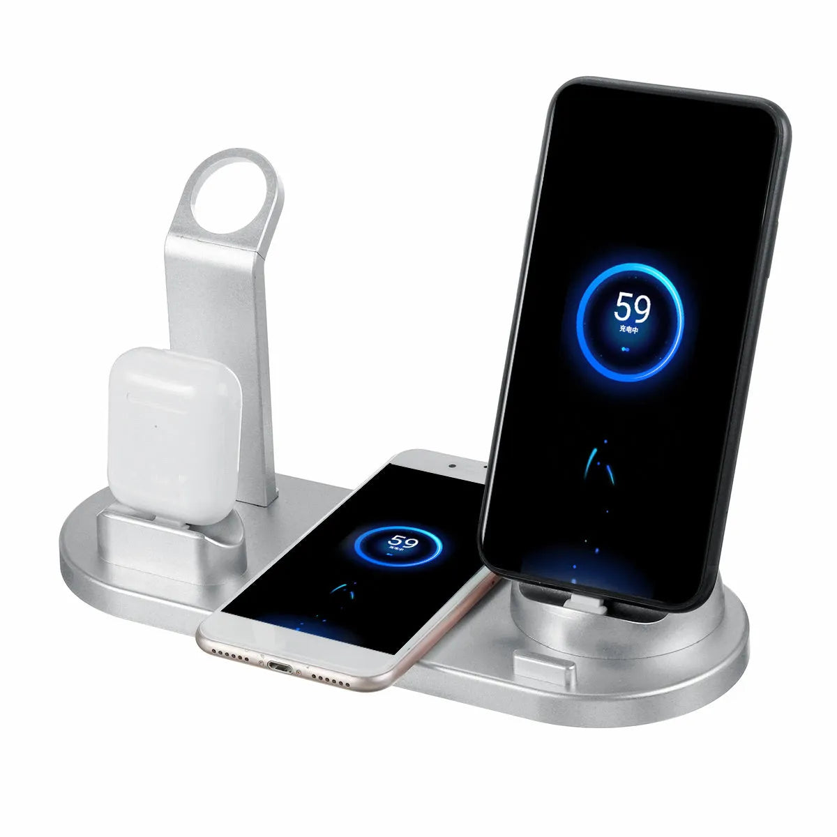 Three-in-one wireless charging stand in silver for iPhone, Apple Watch and AirPods with adjustable angle and USB power