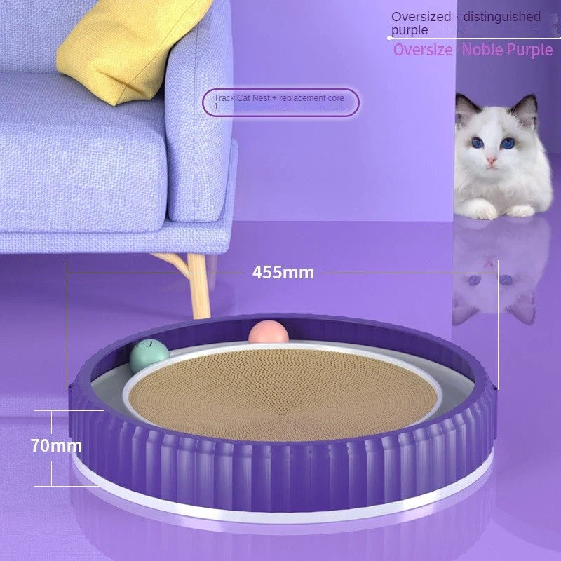 Round cat scratching board with removable pad and toy bell ball in navy blue
