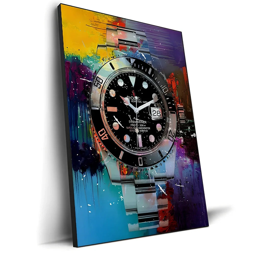 Spray-painted watch graffiti canvas art on oil painting cloth with white border