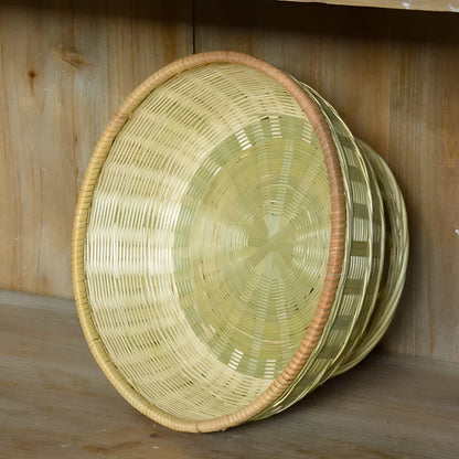 Handmade bamboo storage basket with woven design in 26x8cm, 25x9cm, and 24x12cm sizes on a wooden table