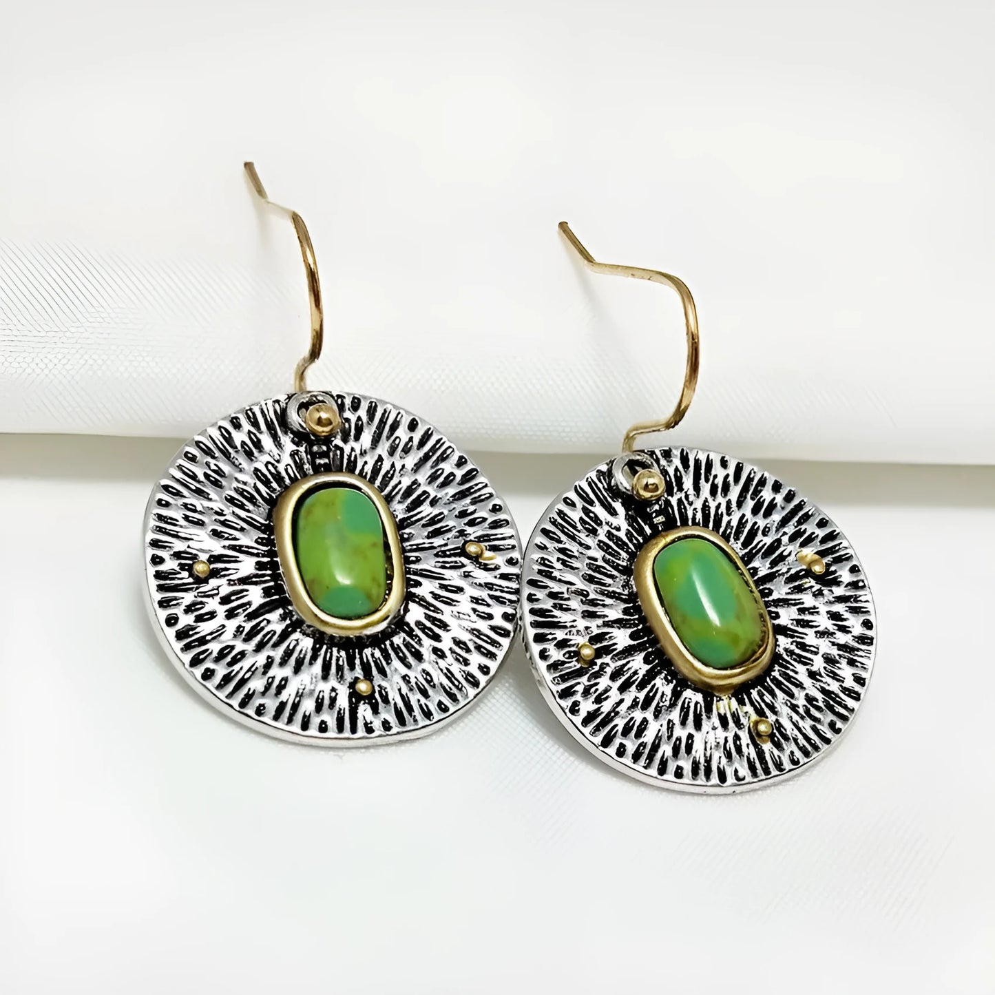 Turquoise colour separation antique silver alloy earrings with electroplating treatment