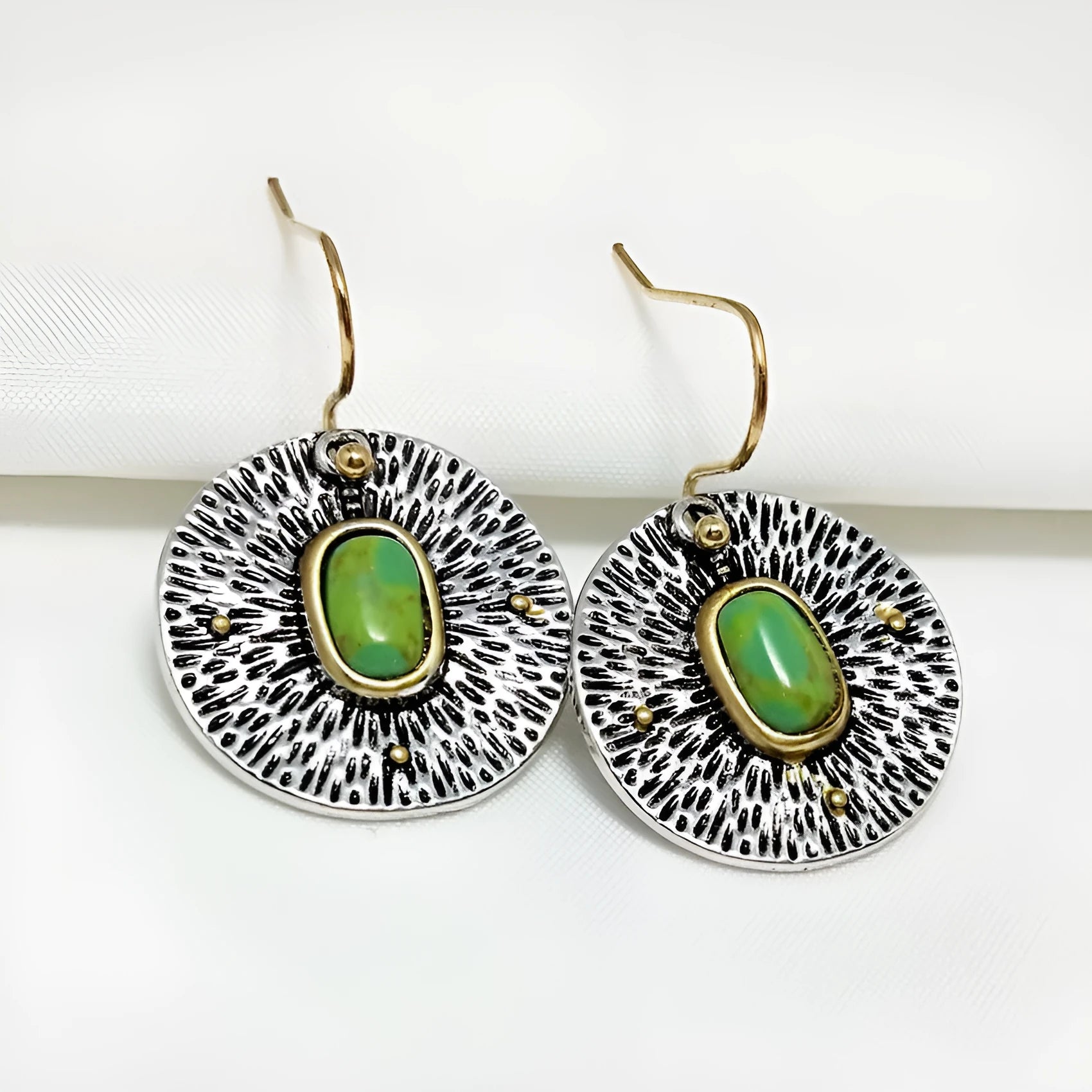 Turquoise colour separation antique silver alloy earrings with electroplating treatment
