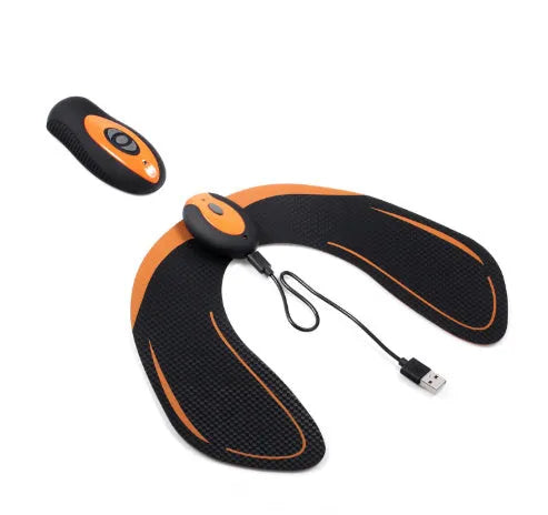 Compact EMS muscle stimulator unit with remote control and gel pads for abdominal and buttock toning.