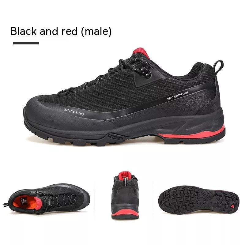 Men's low-top mountain climbing shoes with non-slip rubber sole and breathable leather mesh upper