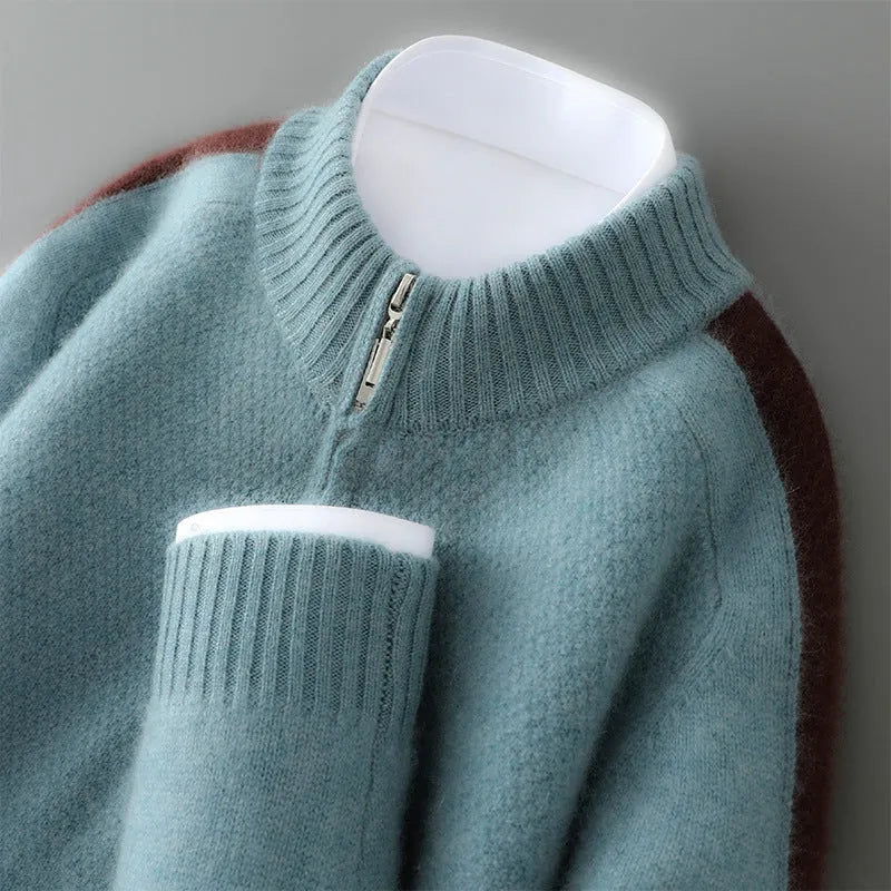 Sheep wool sweater with half-height zip, round neck, and slim fit in raw velvet camel colour