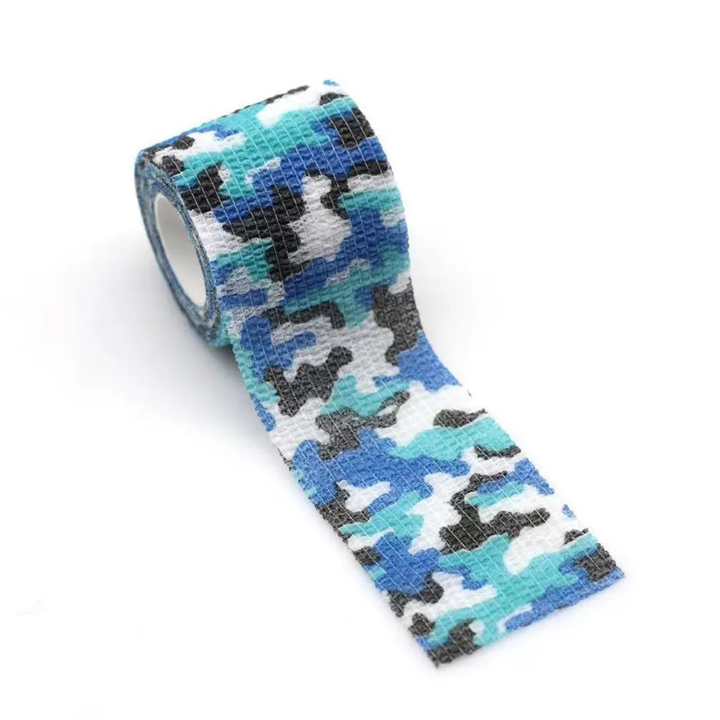 Roll of non-woven elastic camouflage bandage tape in a forest pattern, 4.5 metres long and 5cm wide.