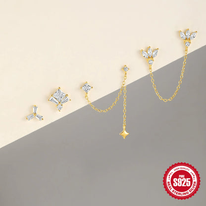 S925 sterling silver double piercing chain stud earrings with inlaid zircon stones in golden finish.