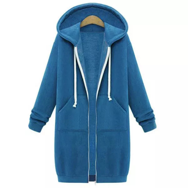 Hooded long sleeve sweater fleece jacket in navy blue with zipper closure