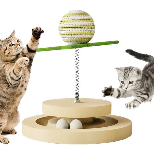 Green sisal scratching pad cat toy with rotating ball track and spring elements for indoor feline play