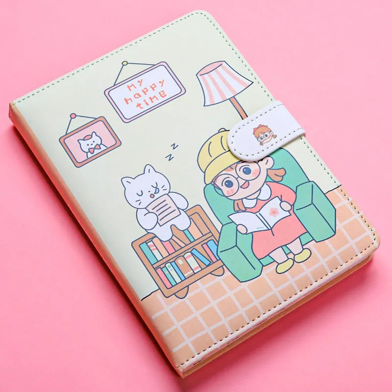 Small white Kaba Bear Hippo notebook with magnetic buckle, girl heart design, showing 224 pages and PU cover.