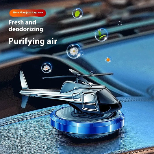 Metal solar helicopter car perfume ornament in silver colour, rotating blades, 10 cm height, for interior decoration and air freshening