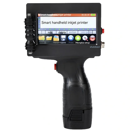 Black handheld code-spraying machine with 4.3-inch touch screen displaying marking interface