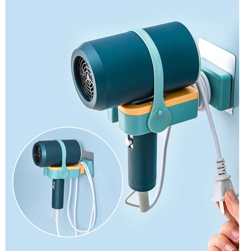 Adjustable wall-mounted hair dryer rack in orange, pink, and green