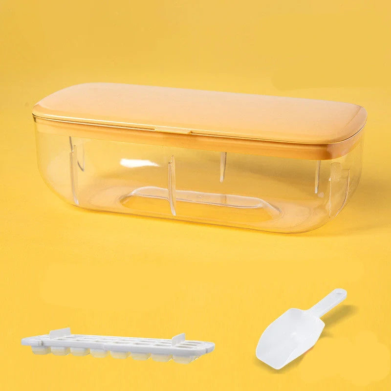 Quick release ice cube tray set with storage box and scoop, available in yellow, blue, and pink