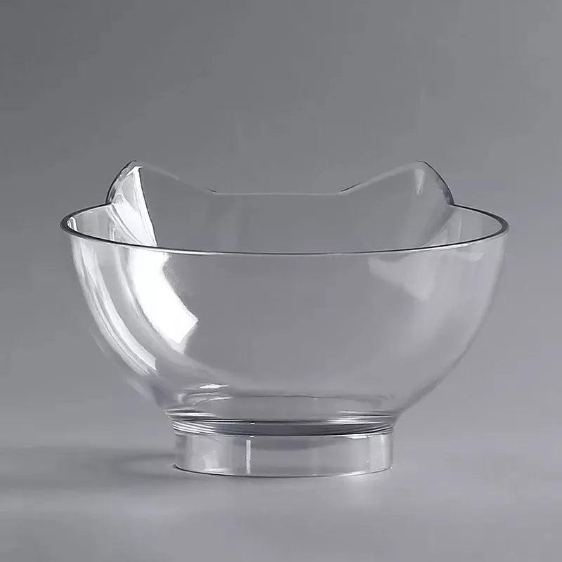 Double bowl cat food bowl with 15° tilt for cervical protection, transparent design with cute cat face
