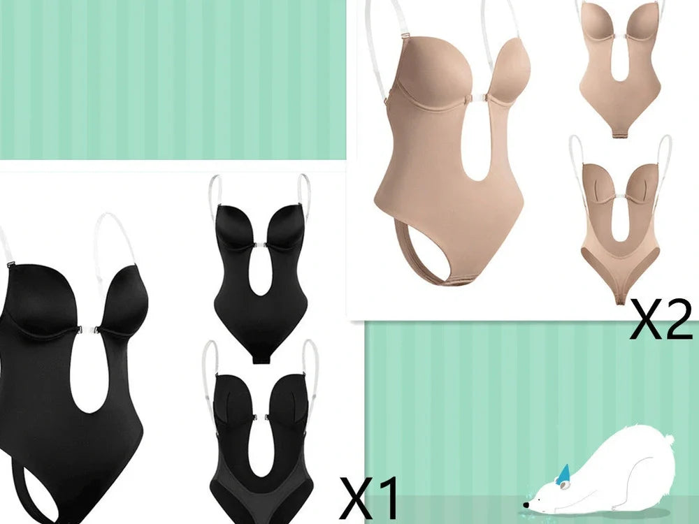 Black spandex body shaping dress with deep V back design and stomach compression