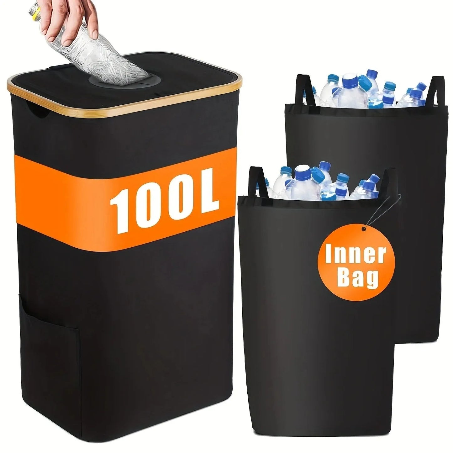 Black bamboo-framed recycling storage basket with a removable lid and two visible inner fabric pockets.