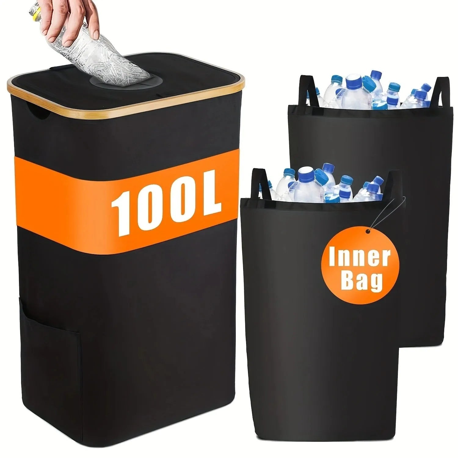 Black bamboo-framed recycling storage basket with a removable lid and two visible inner fabric pockets.