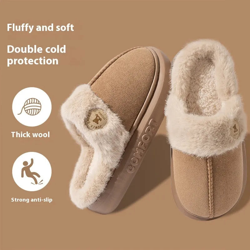 Thick-soled fleece indoor slippers with non-slip PVC sole in various colours