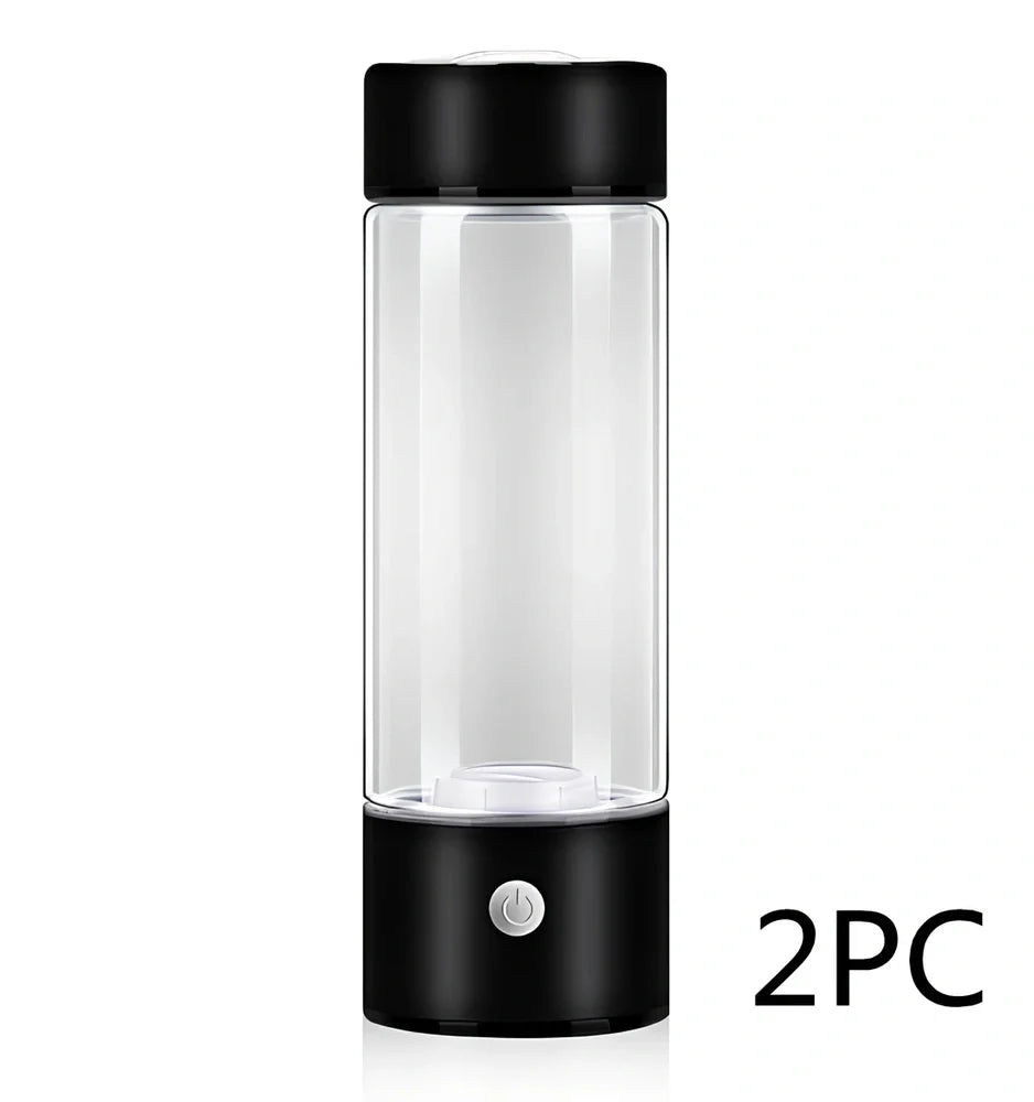 Portable hydrogen water cup in silver with borosilicate glass, showing electrolysis bubbles and romatic light, 3-minute generation