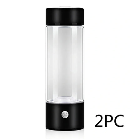 Portable hydrogen water cup in silver with borosilicate glass, showing electrolysis bubbles and romatic light, 3-minute generation