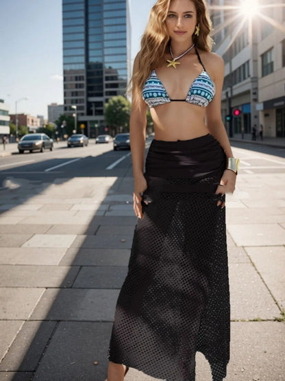 Women's three-piece bikini set with fishnet long skirt in gradient brown, rose pink, or black colours