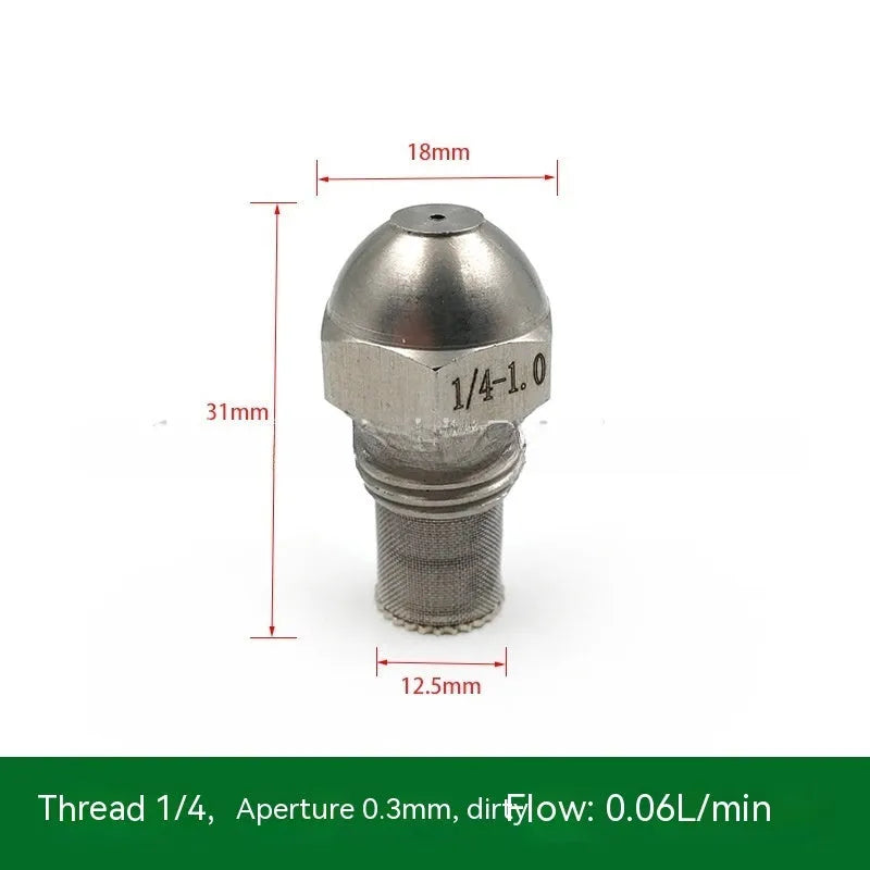 304 stainless steel high and low pressure atomising nozzle with external thread and filter.