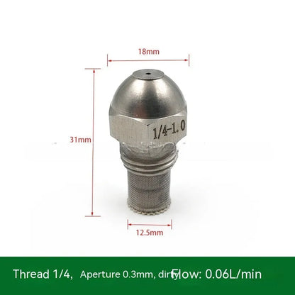 304 stainless steel high and low pressure atomising nozzle with external thread and filter.