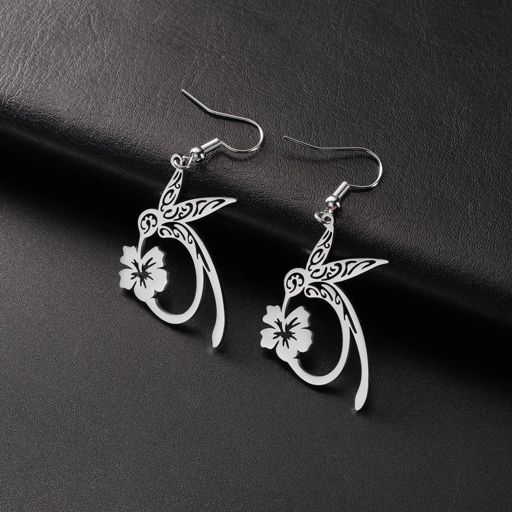 Stainless steel hummingbird earrings with hollow honeycomb design in gold or steel colour