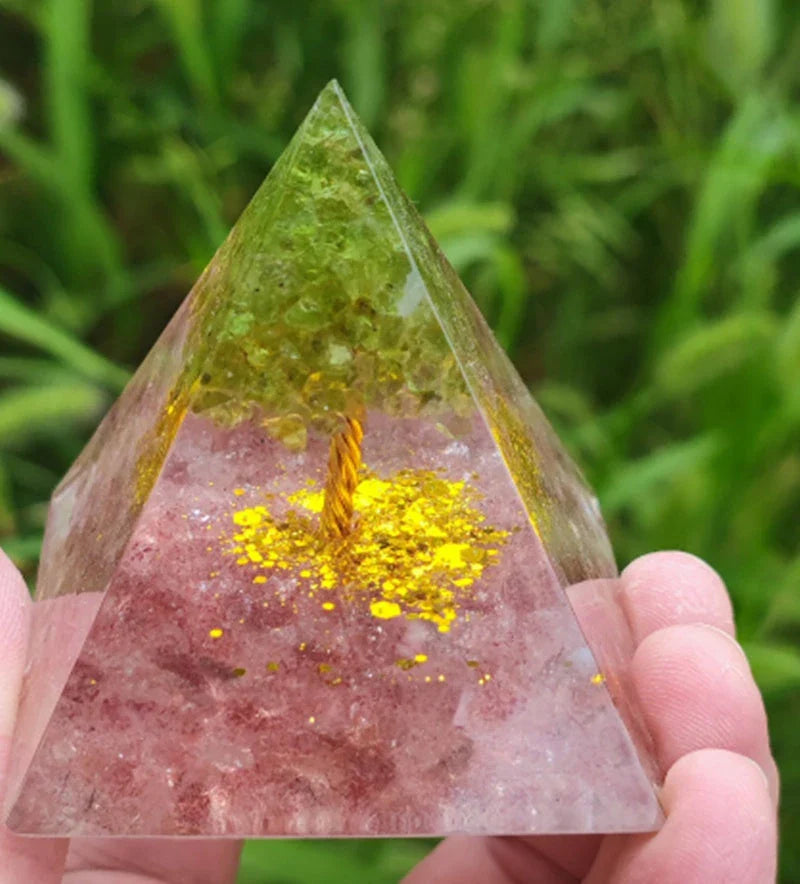 Handcrafted Tiger Eye Orgone Pyramid with Amethyst Crystals - Shields Against EMFs and Promotes Emotional Balance