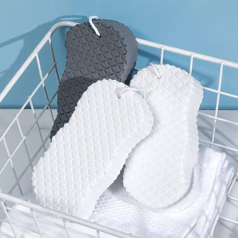 Flexible children's tender skin exfoliating bath sponge in white, pink, blue, and gray