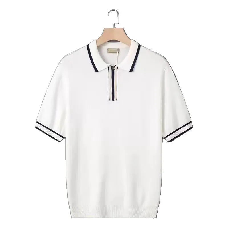 Men's casual zipper polo shirt, short sleeve cotton blend top, white or black, sizes M to XXXL