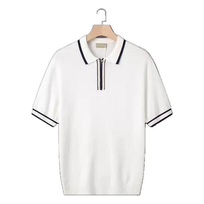 Men's casual zipper polo shirt, short sleeve cotton blend top, white or black, sizes M to XXXL