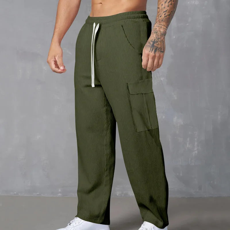 Men's straight-leg corduroy trousers with adjustable waist in navy blue colour