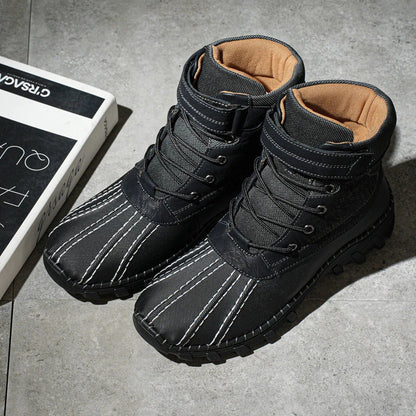 Warm lace-up winter snow boots with fleece lining, waterproof and anti-slip rubber soles, and stylish velvet or single-color options