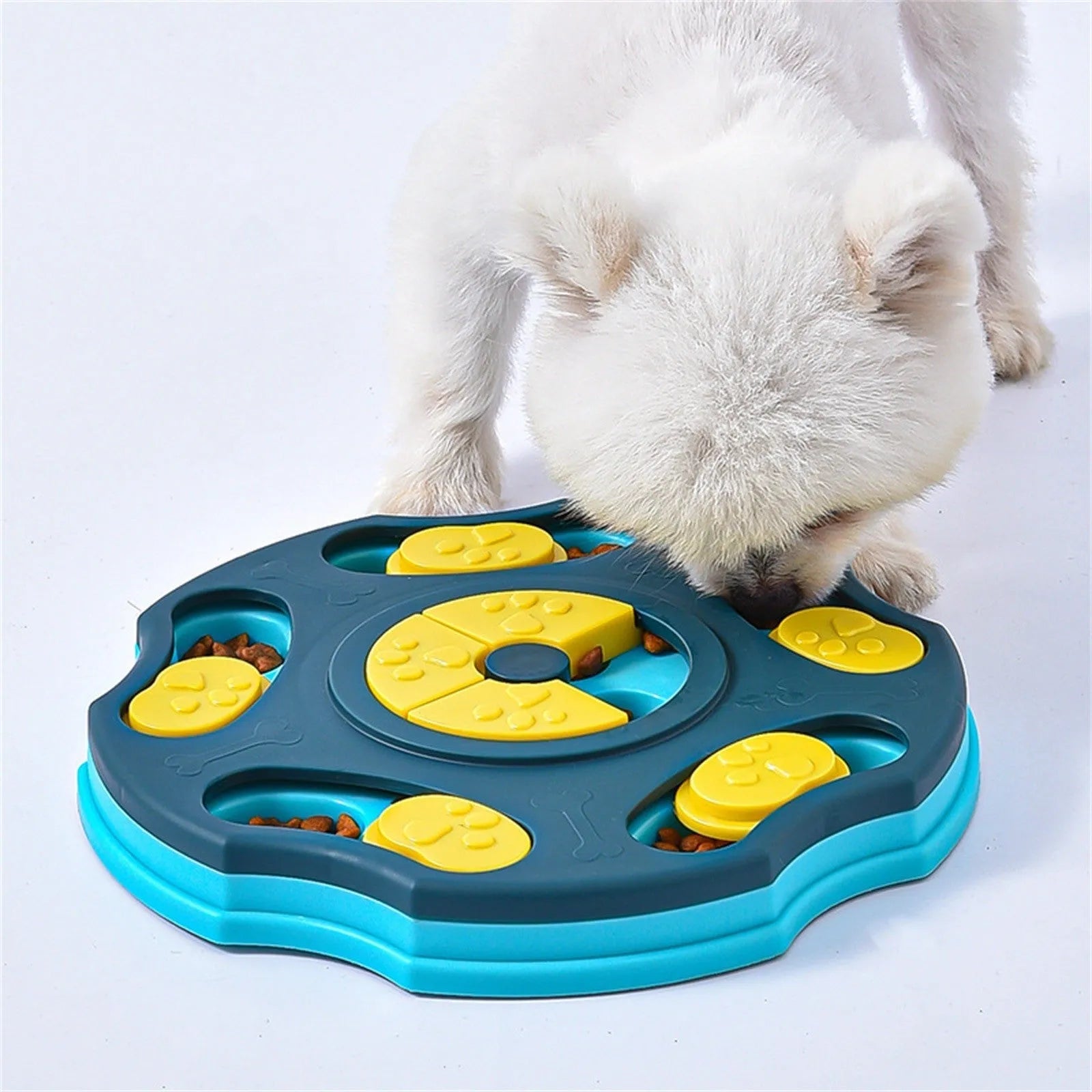 Blue dog puzzle feeder toy with food compartments and interactive searching games