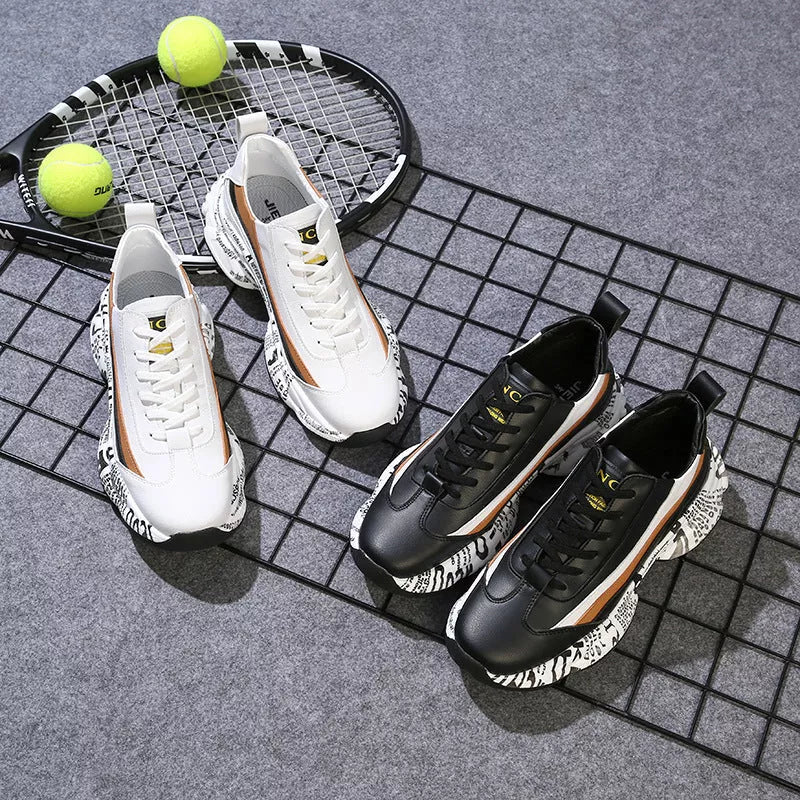 Men's black and white thick sole sneakers with inner heightening and breathable design