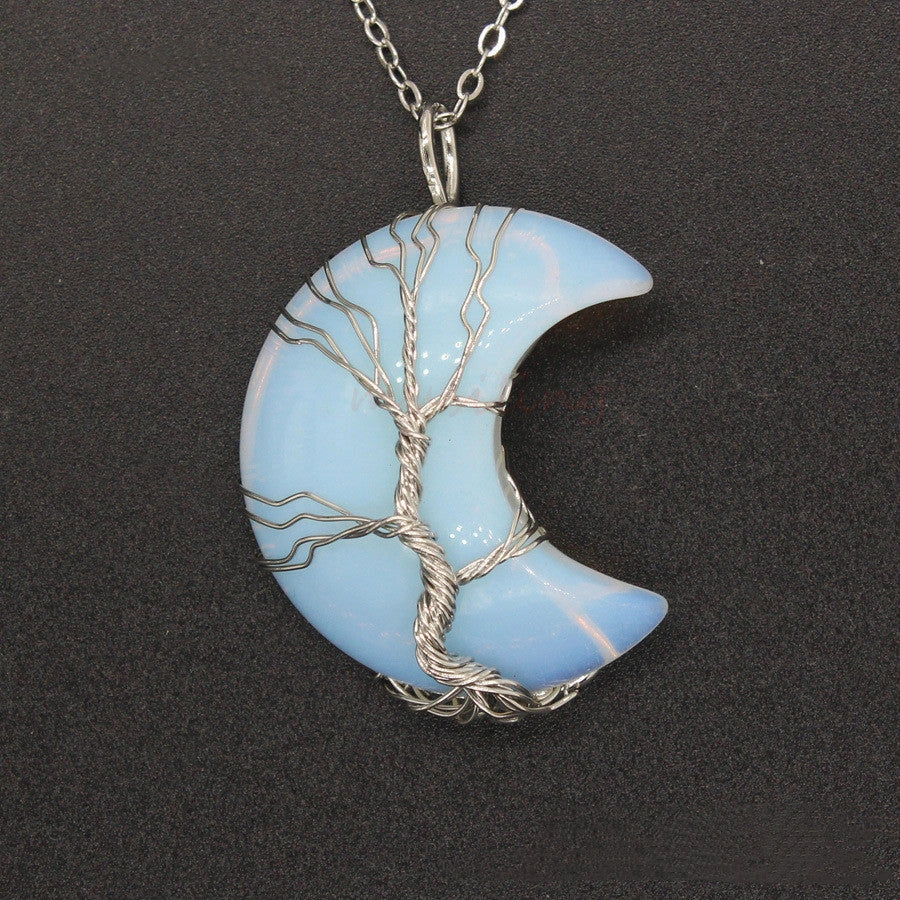 Handmade Moon Natural Crystal Stone Tree of Life Pendant Necklace in various colors