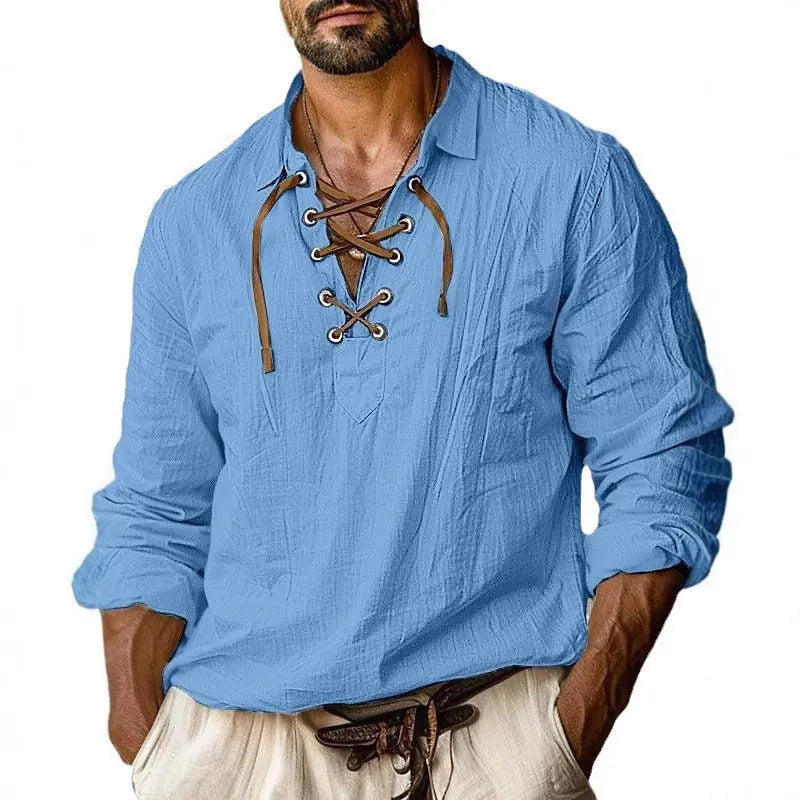 Men's plus size lapels lace shirt in linen blend fabric, loose fit, long sleeves, solid colour options